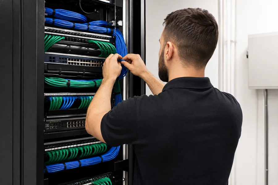 Illustrative photograph of a technician working on a network rack